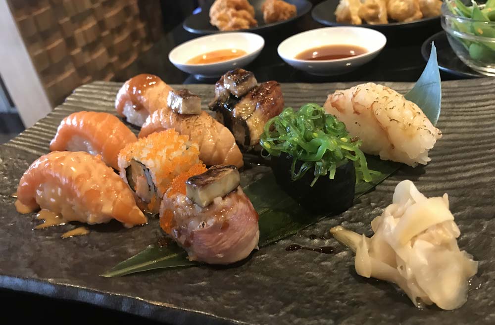 Fresh sushi at Hajime Robot Restaurant in Bangkok
